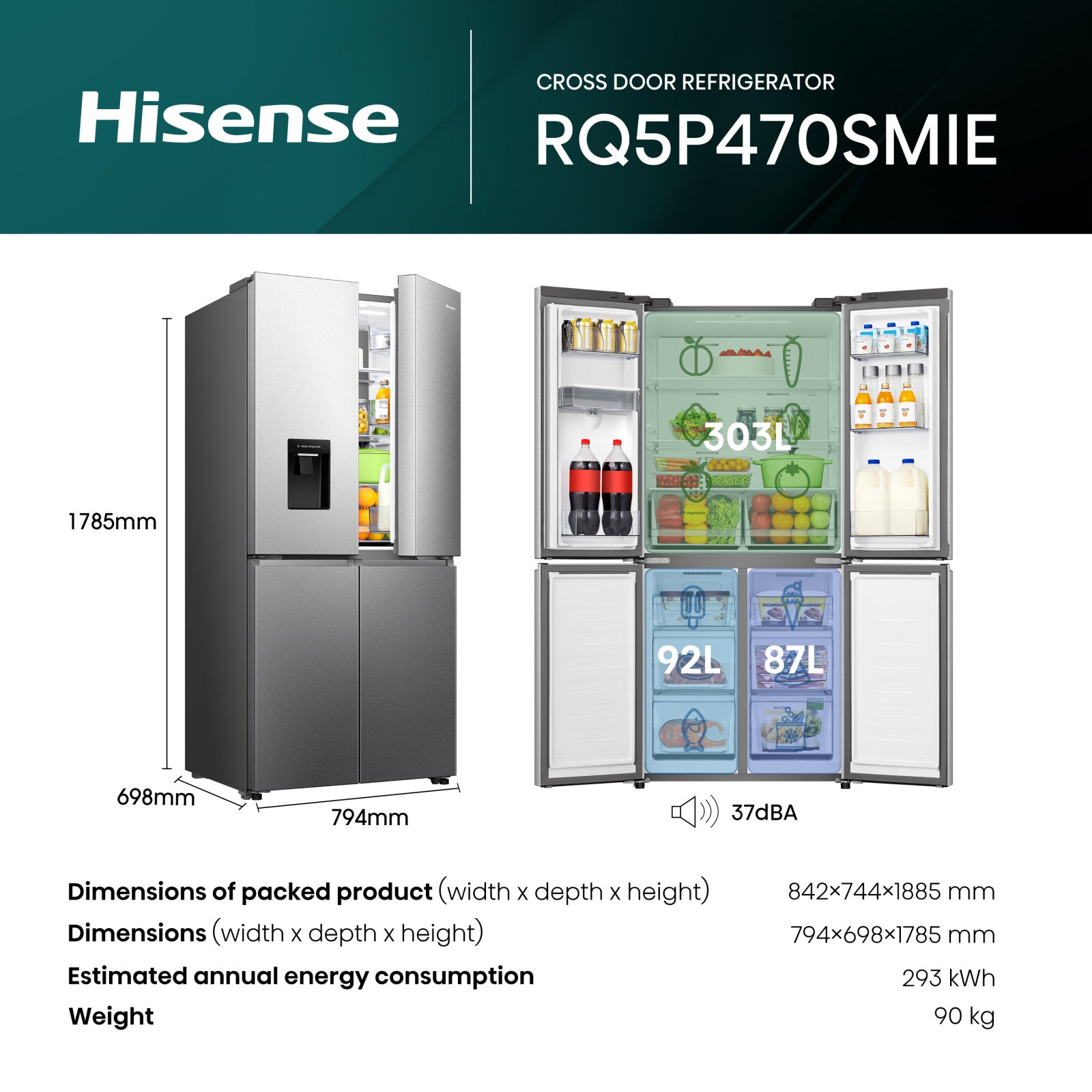 Hisense RQ5P470SMIE Frigorifero Congelatore Side-by-Side 482L Argento No Frost