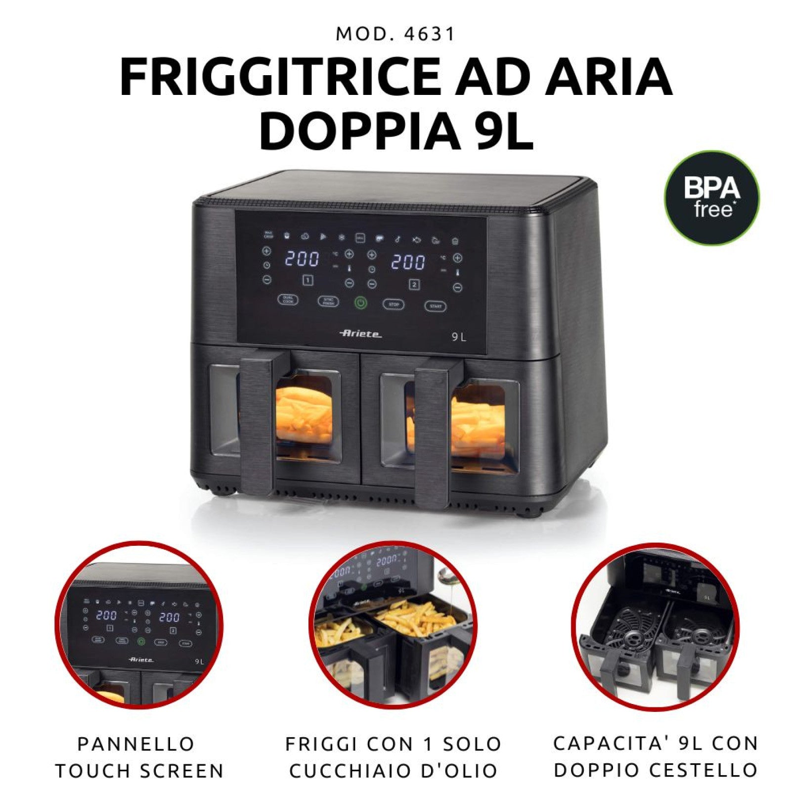 Ariete Friggitrice ad Aria Doppia 4631 9L 2400W Nero con Doppio Cestello