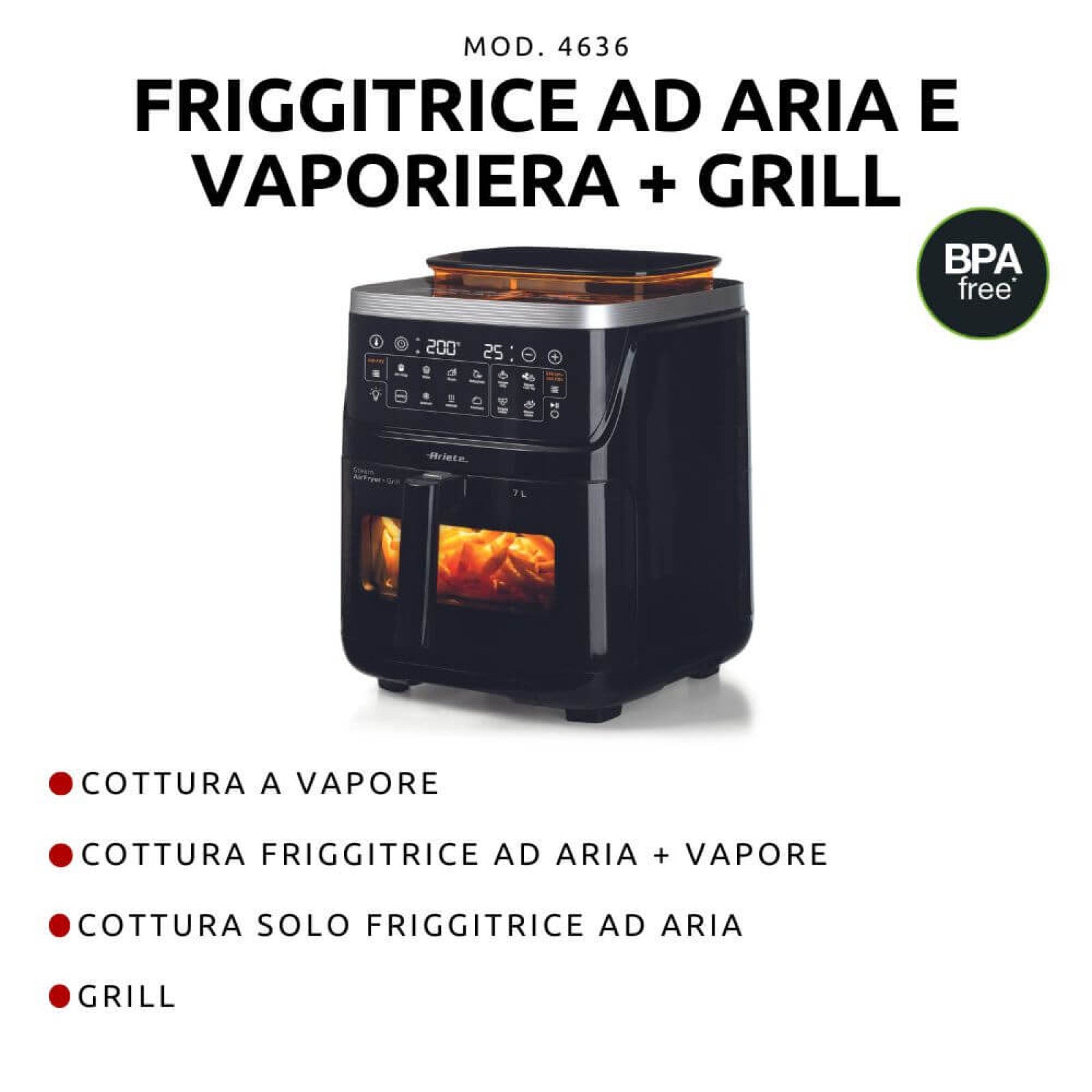 Ariete Friggitrice ad Aria 7L 1700W Vapore Grill Nero Modello 4636