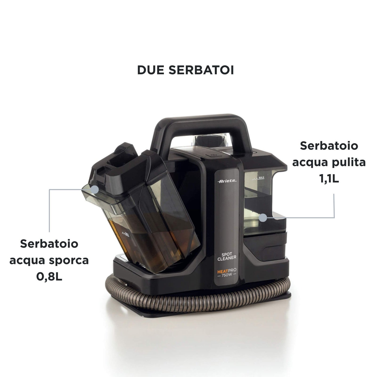 Ariete 2482 Spot Cleaner Heat Pro Lavatappeti 750W Nero con Doppio Serbatoio