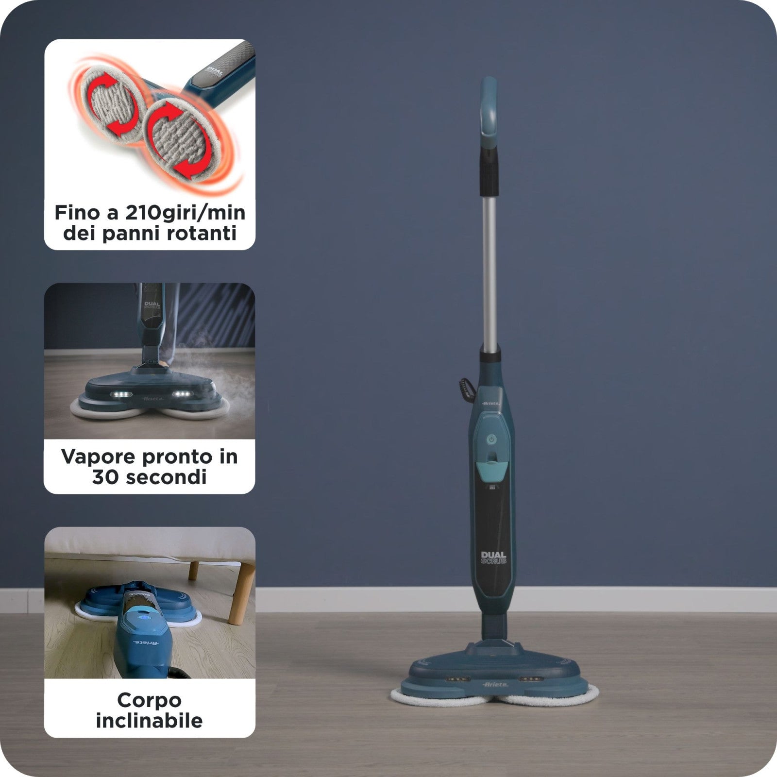 Ariete Dual Steam Scrub 4178/00 Scopa a Vapore 1200W, Serbatoio 400cc - Blu