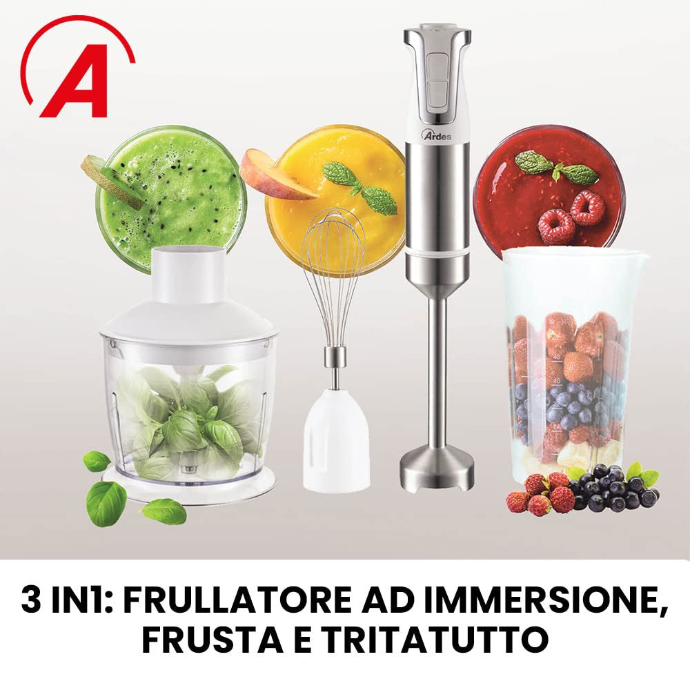 Ardes ARSET01 Frullatore a Immersione 3 in 1 1000W con Frusta e Tritatutto
