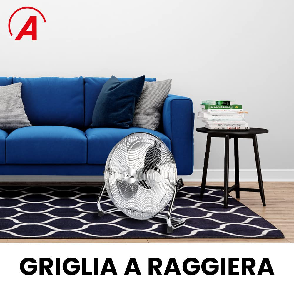 Ardes AR5C40B Ventilatore da Pavimento 40cm 3 Pale Alluminio Cromato 90W 3 Velocità