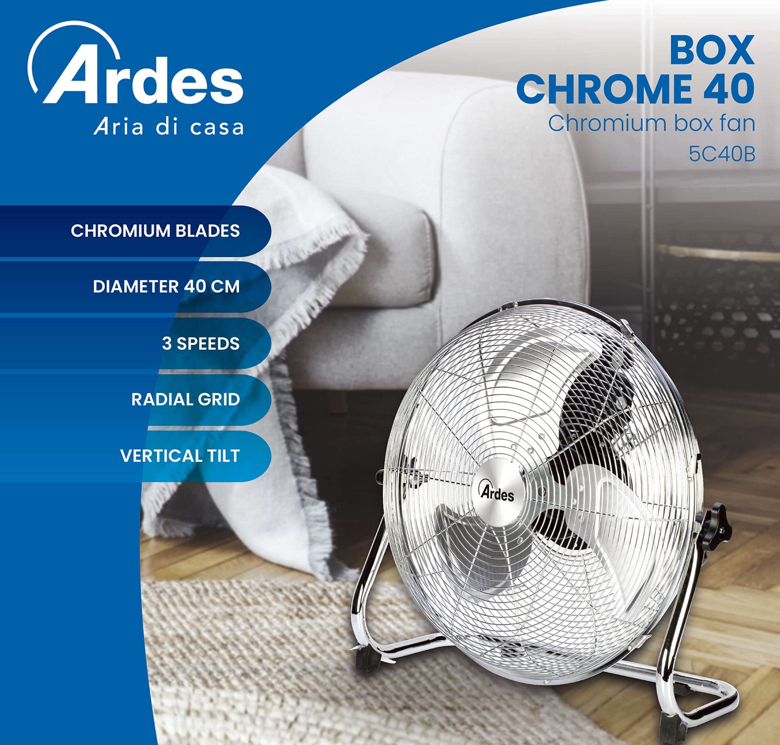 Ardes AR5C40B Ventilatore da Pavimento 40cm 3 Pale Alluminio Cromato 90W 3 Velocità