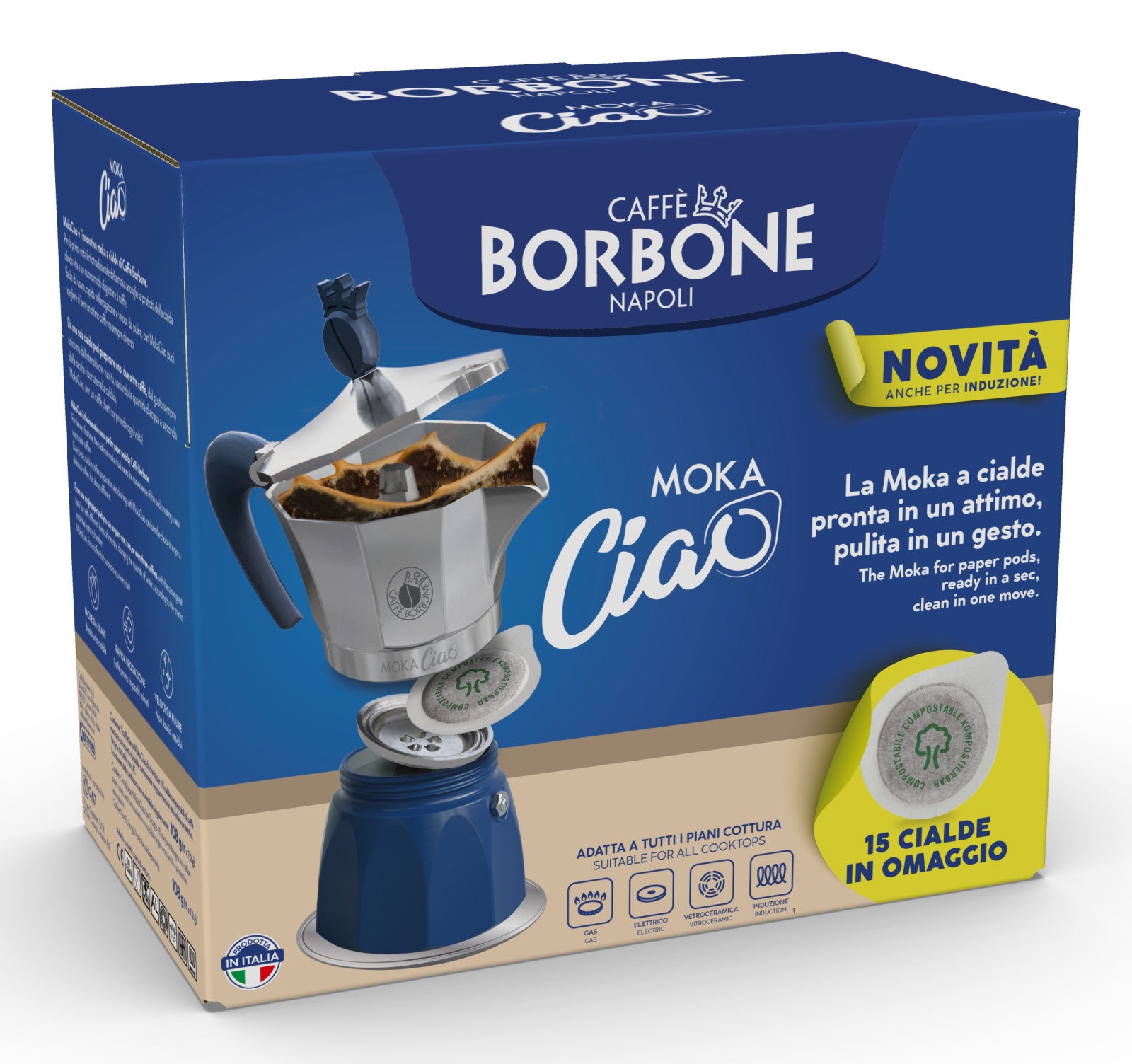 Caffè Borbone MokaCiao Moka 3 tazze Blu e Grigio Alluminio Caffettiera Manuale